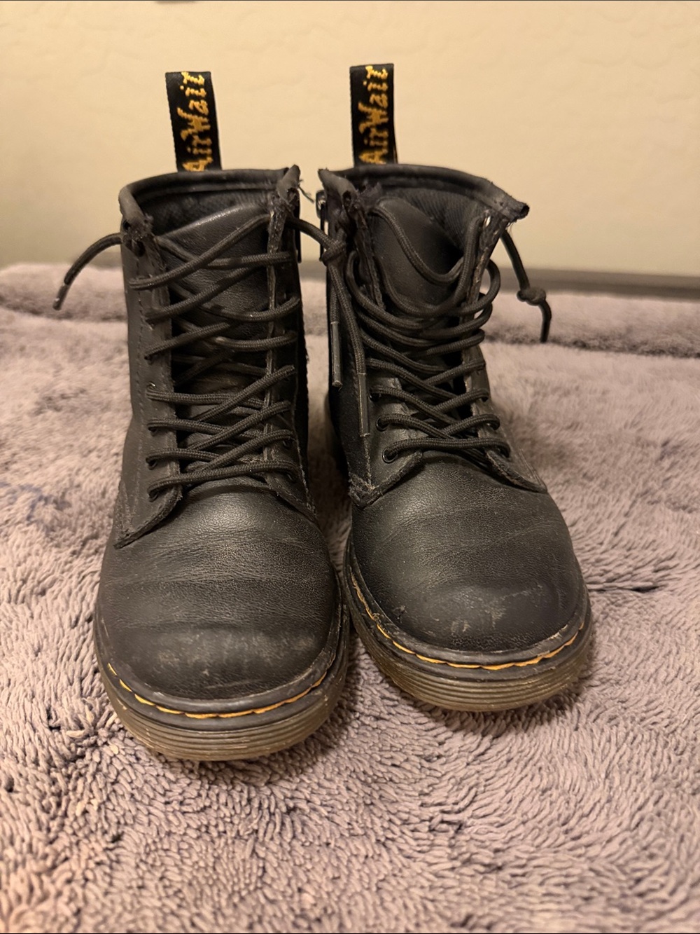 Dr. Martens Black Kids Lace-Up Ankle Boots with Yellow Stitching